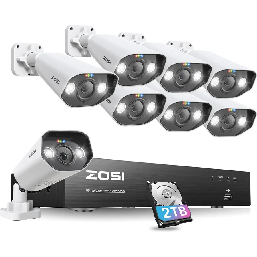 ZOSI 4K Ultra HD 8-Channel PoE Security Camera System, 8CH 4K Home Surveillance NVR with 2TB Hard Drive, 8 x 8MP IP66 Weatherproof Metal Outdoor Indoor Cameras, Person Vehicle Detection, Night Vision